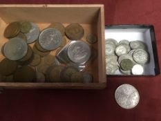 BOX MIXED COINS INCLUDING 1888 DOUBLE FLORIN, APPPROX. £1.20 FACE OF PRE '47 SILVER, ETC.