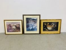 THREE FRAMED AND MOUNTED PRINTS TO INCLUDE MUNNINGS HEAVY HORSES, GEESE AT RIVER,