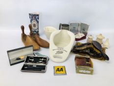 BOX OF COLLECTIBLES TO INCLUDE SHOR TREES, DRESSING TABLE SET, JELLY MOULD, TANKARD,