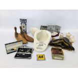 BOX OF COLLECTIBLES TO INCLUDE SHOR TREES, DRESSING TABLE SET, JELLY MOULD, TANKARD,