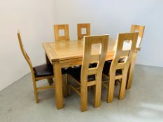 A SOLID LIGHT OAK EXTENDING RECTANGULAR DINING TABLE WITH SIX SOLID LIGHT OAK DINING CHAIRS WITH