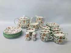 COLLECTION OF "MINTON" HADDON HALL B1451 TEA WARE TO INCLUDE TEAPOT, MILK, SALT AND PEPPER,
