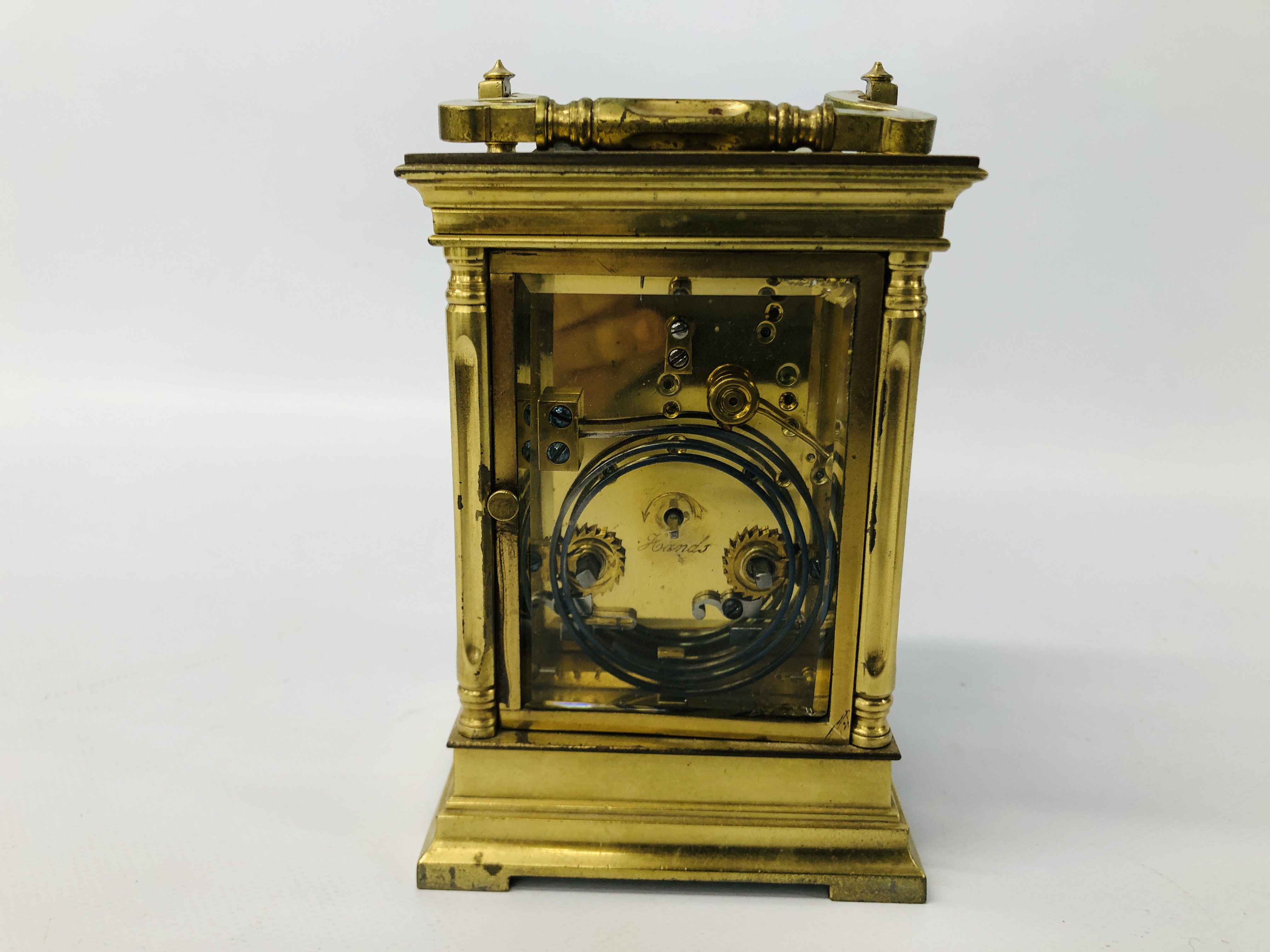 ANTIQUE BRASS CARRIDGE CLOCK WITH ENAMELLED FACE (REQUIRES ATTENTION TO THE REAR GLASS) H 14CM. - Image 5 of 9