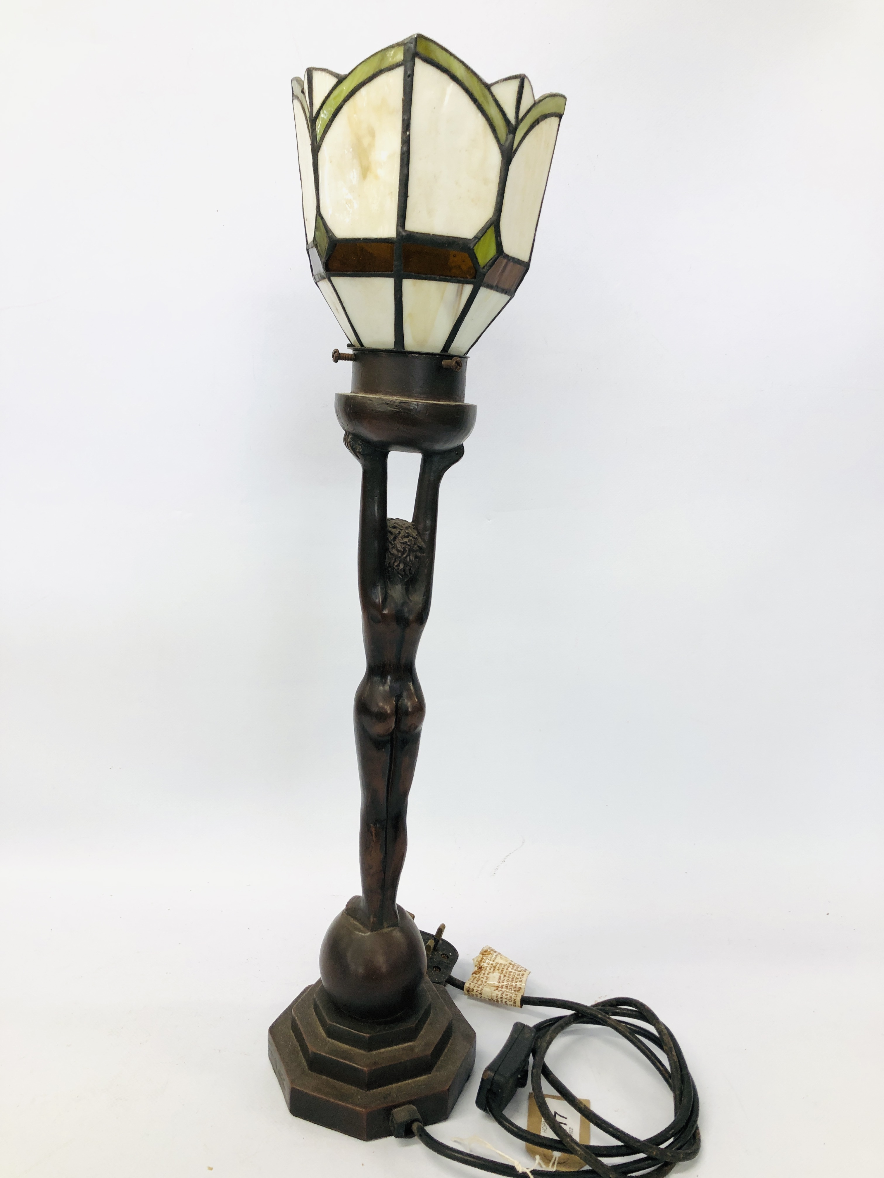 REPRODUCTION DECO STYLE TABLE LAMP THE GLASS STAIN GLASS SHADE SUPPORTED BY NUDE FEMALE STANDING ON - Image 5 of 5