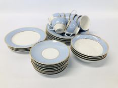 28 PIECES DOULTON DINNERWARE, PALE BLUE, WHITE AND GOLD RIM.