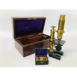 A LATE 19TH CENTURY FRENCH LACQUERED BRASS MONOCULAR MICROSCOPE, THE TUBE INSCRIBED 'MON. E.