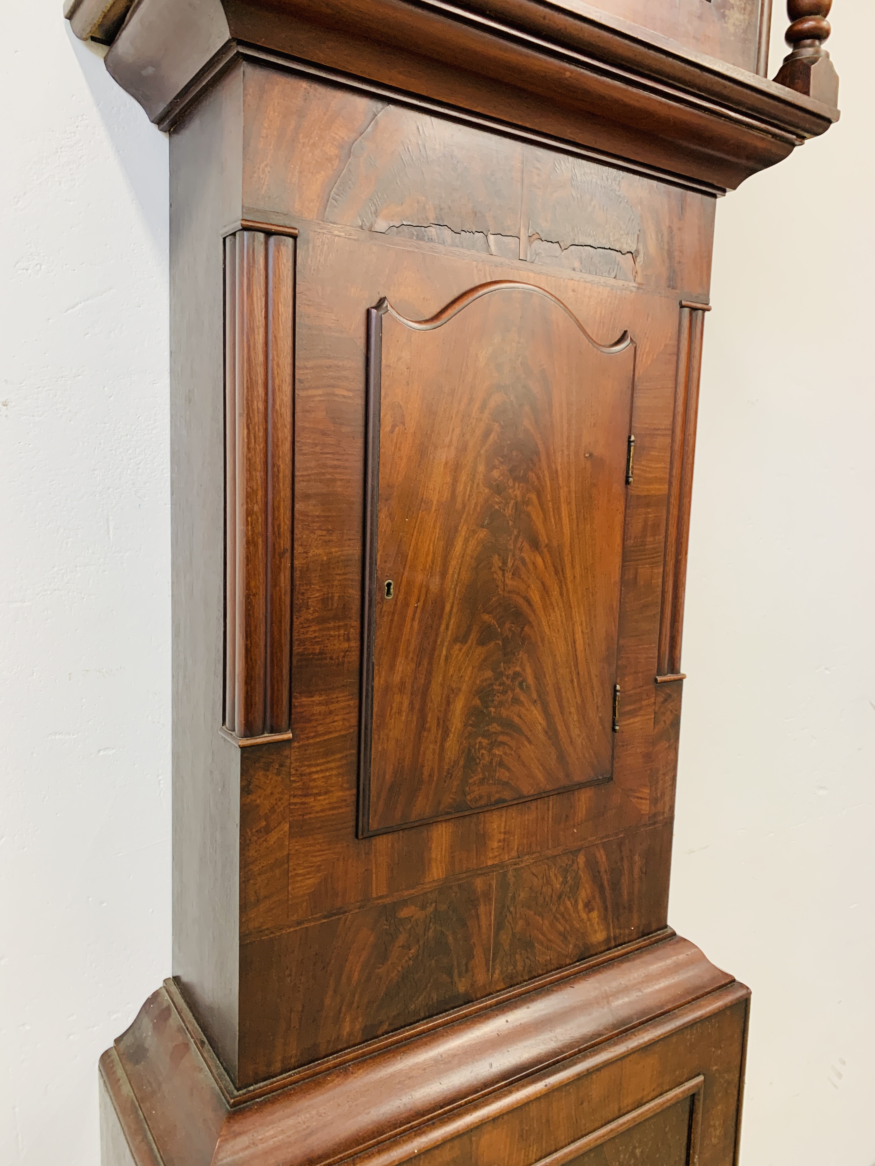 AN ANTIQUE MAHOGANY LONG CASE CLOCK THE HAND PAINTED ARCHED DIAL WITH ROMAN NUMERALS, - Image 8 of 15