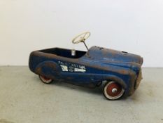 A VINTAGE TIN PLATE PEDDLE POLICE PATROL CAR L 35 INCHES