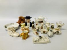 COLLECTION OF CRESTED WARE TO INCLUDE A BOMB, PEPPER POT, CLOWN, ETC.