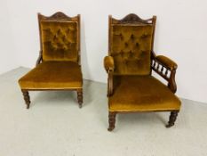 A SET OF EDWARDIAN MAHOGANY FRAMED LADIES AND GENTLEMANS EASY CHAIRS - GOLD VELOUR UPHOLSTERY