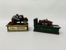 TWO REPRODUCTION CAST METAL MONEY BANKS RACER AND FULL SERVICE