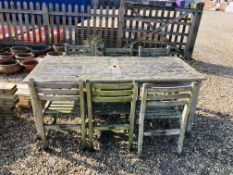 A HARDWOOD GARDEN TABLE AND SIX CHAIRS MANUFACTURED BY TEAK TIGER TRADING SUDBURY, SUFFOLK,