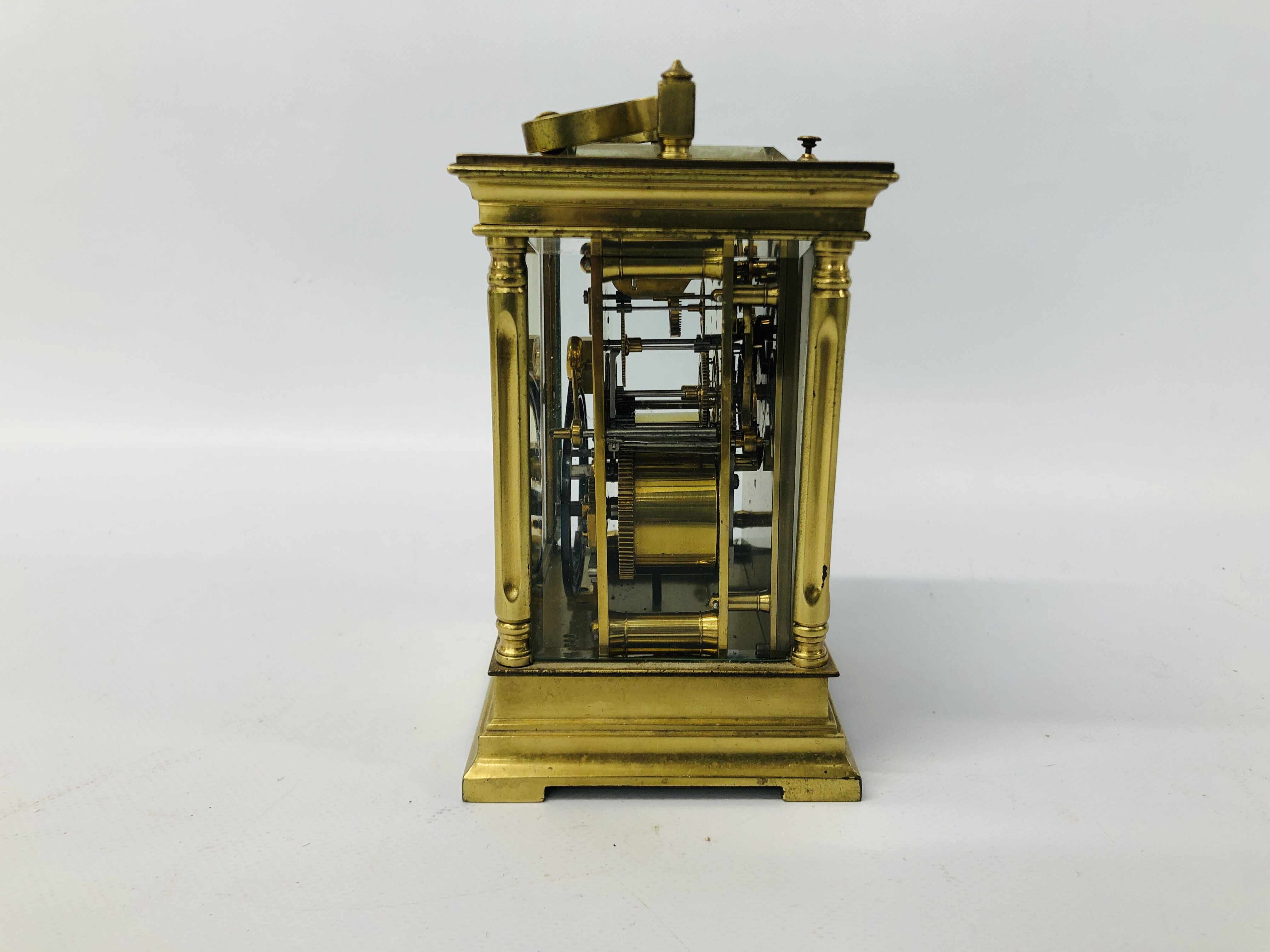ANTIQUE BRASS CARRIDGE CLOCK WITH ENAMELLED FACE (REQUIRES ATTENTION TO THE REAR GLASS) H 14CM. - Image 9 of 9