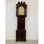 AN ANTIQUE MAHOGANY LONG CASE CLOCK THE HAND PAINTED ARCHED DIAL WITH ROMAN NUMERALS,