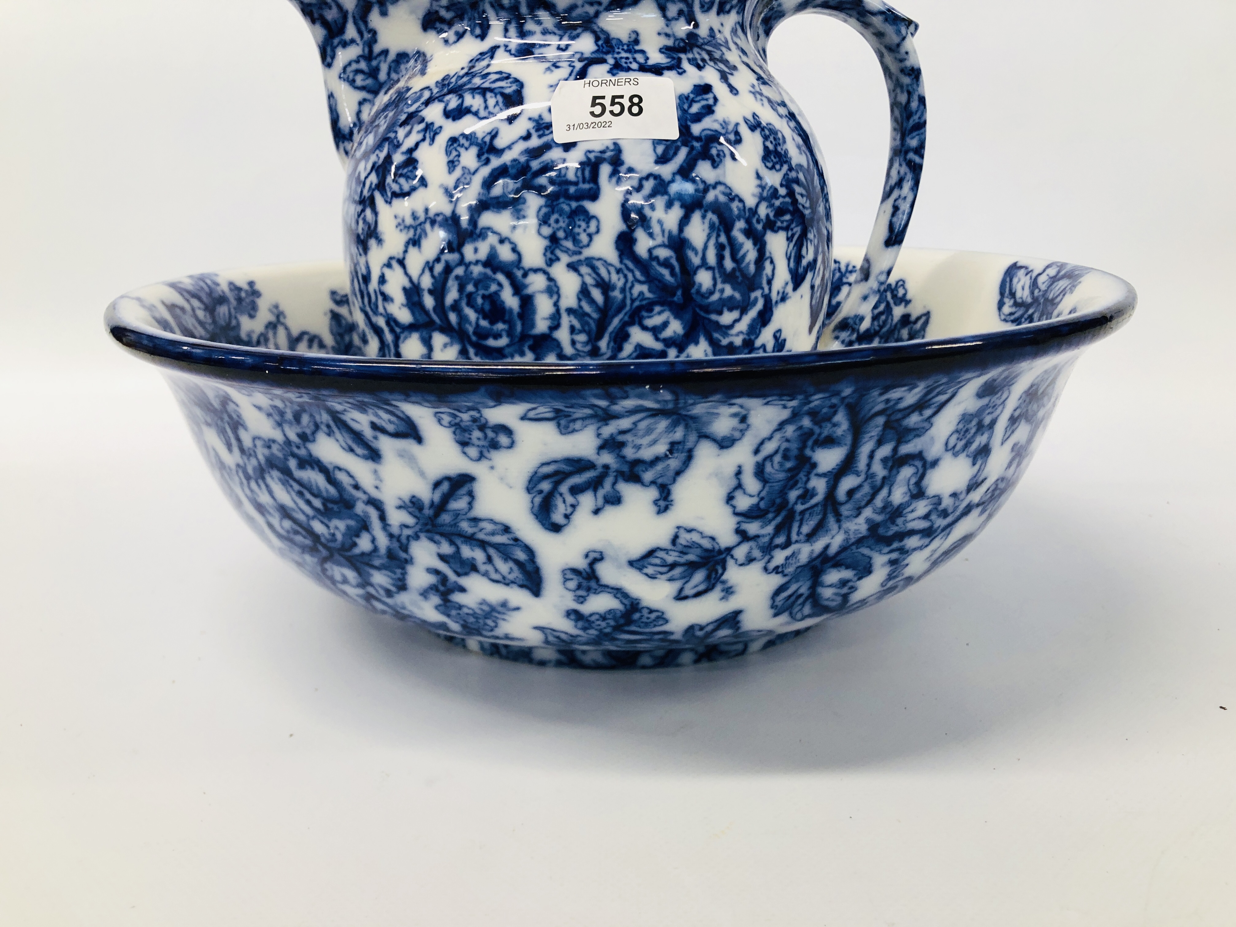 LOSOL WARE "CAVENDISH" BLUE AND WHITE ROSE DECORATED WASH JUG AND BOWL ALONG WITH A "BOOTHS" - Image 8 of 11