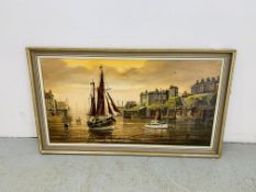 OIL ON CANVAS SOUTH COAST HARBOUR SCENE BEARING SIGNATURE W. H. STOCKMAN 40 X 75CM.