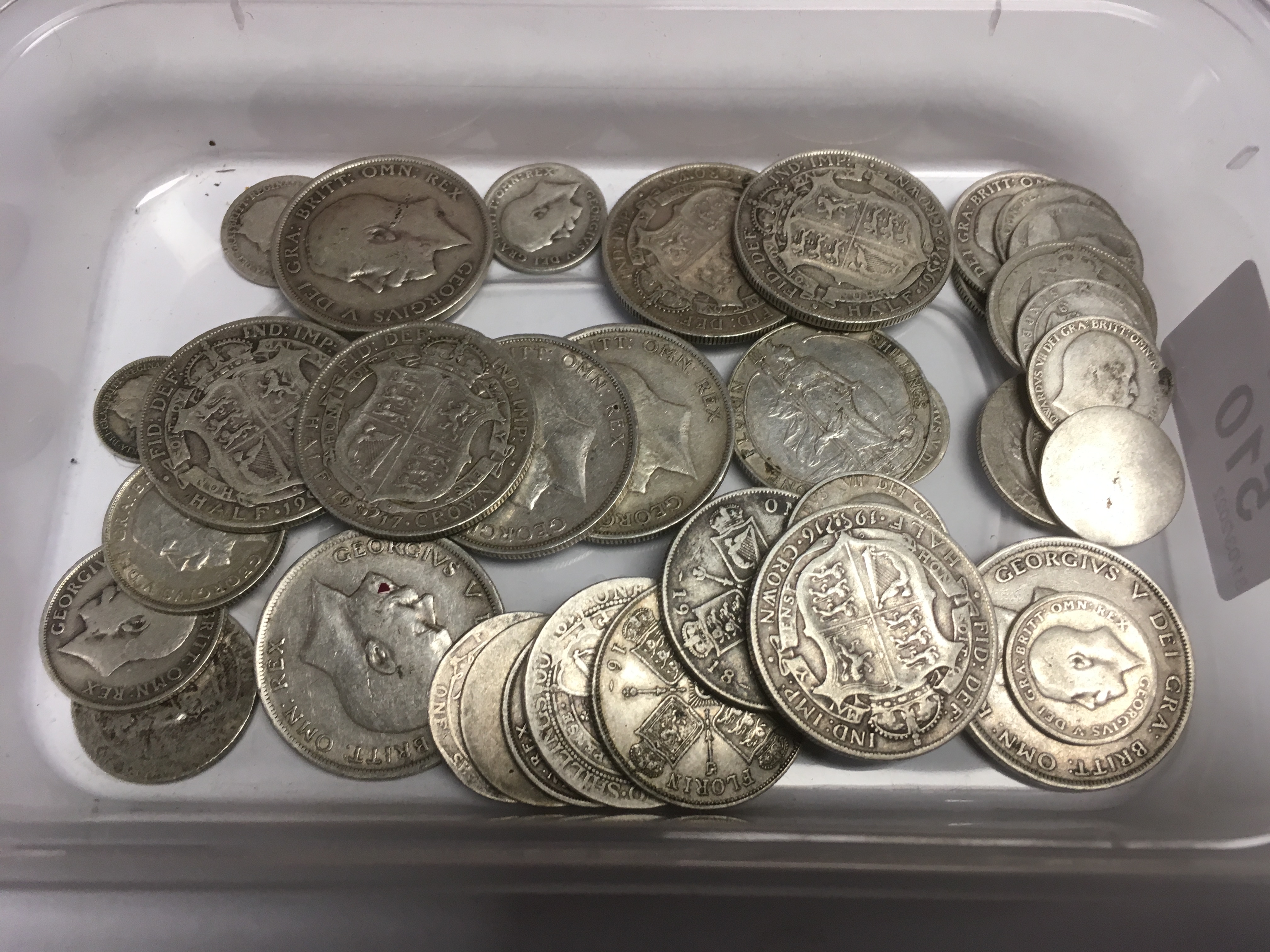 TUB OF PRE 1920 UK SILVER COINS INCLUDING 1903 FLORIN, 1906 SHILLING ETC, FACE APPROX £2.40.