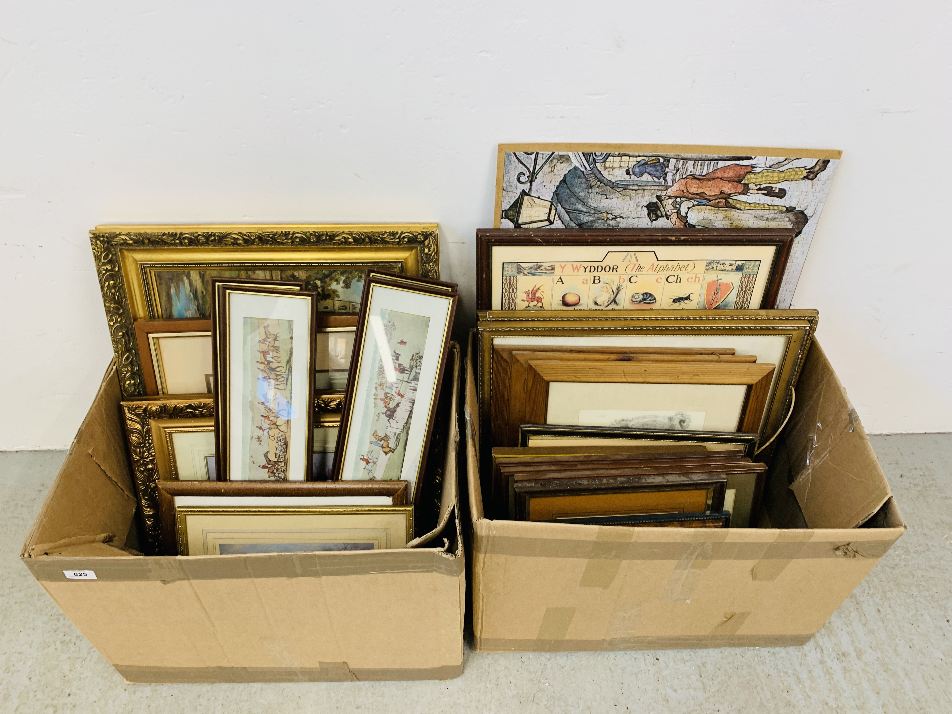 TWO BOXES CONTAINING ASSORTED PRINTS AND PICTURES TO INCLUDE HORSE RACING, COACHING, HUNTING,