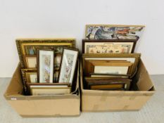 TWO BOXES CONTAINING ASSORTED PRINTS AND PICTURES TO INCLUDE HORSE RACING, COACHING, HUNTING,