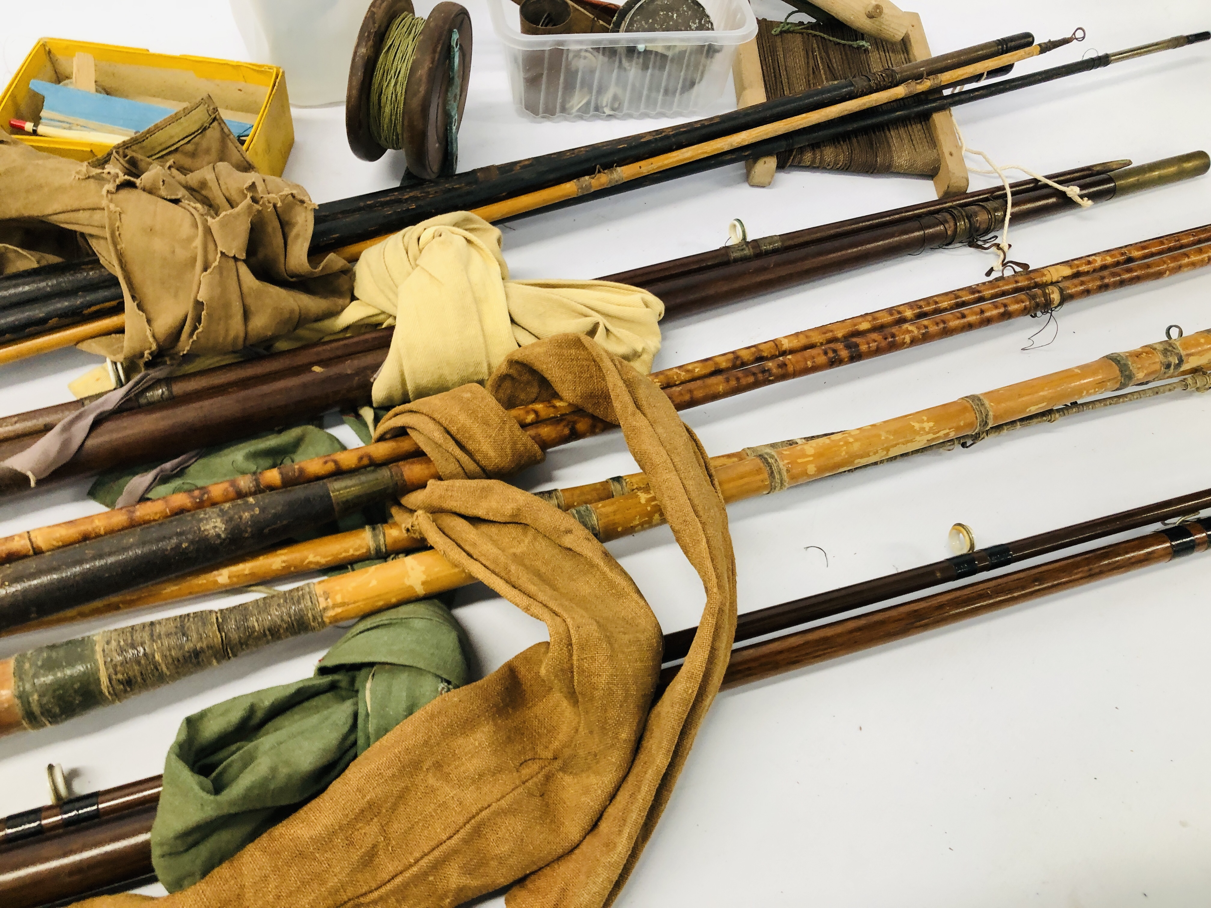 COLLECTION OF 5 X VINTAGE FISHING RODS + BOX OF ASSORTED VINTAGE FISHING REELS AND ACCESSORIES, - Image 9 of 10