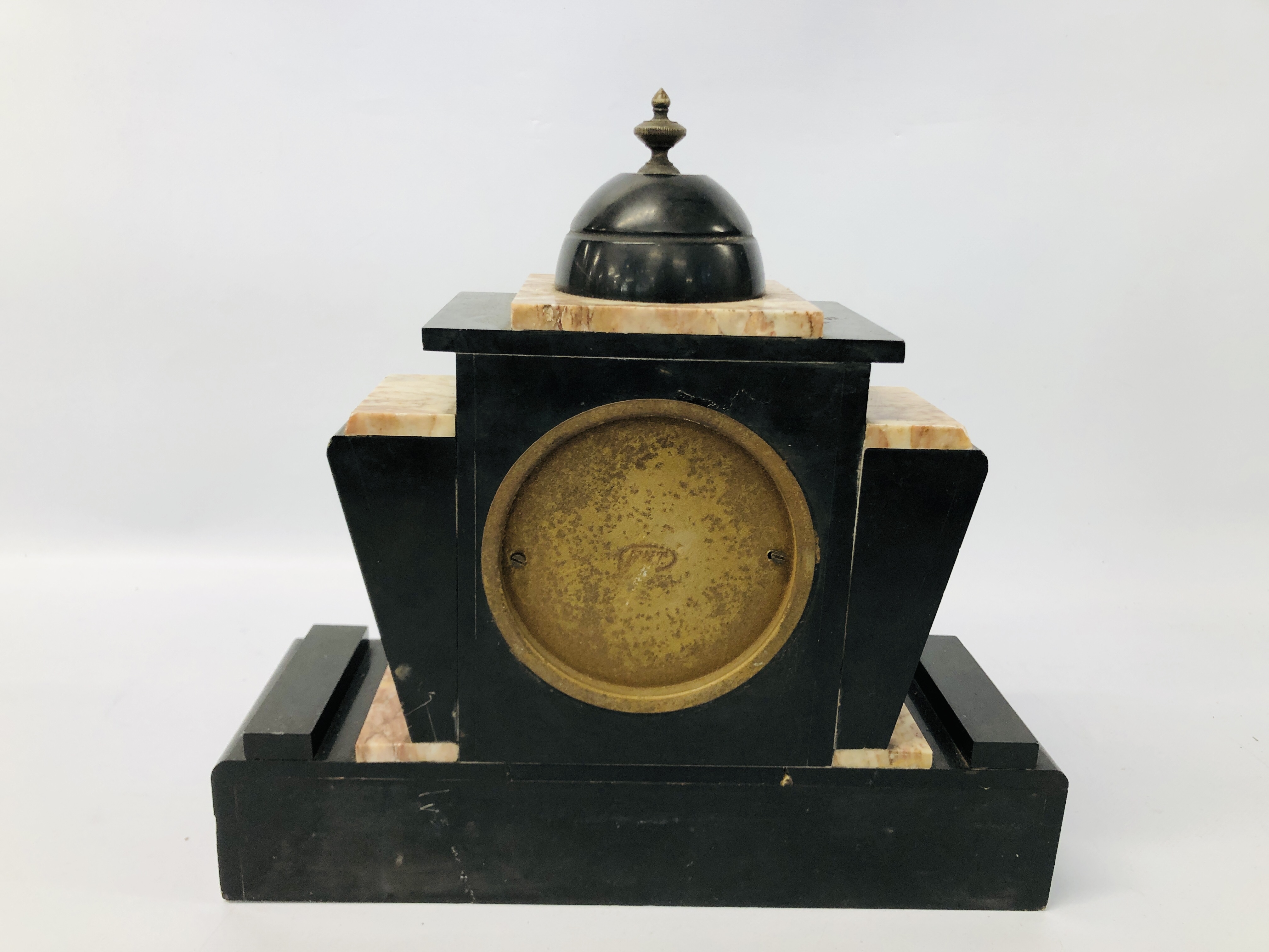 VINTAGE SLATE AND MARBLE MANTEL CLOCK AND GARNITURES MARKED F.H.T. - Image 11 of 12