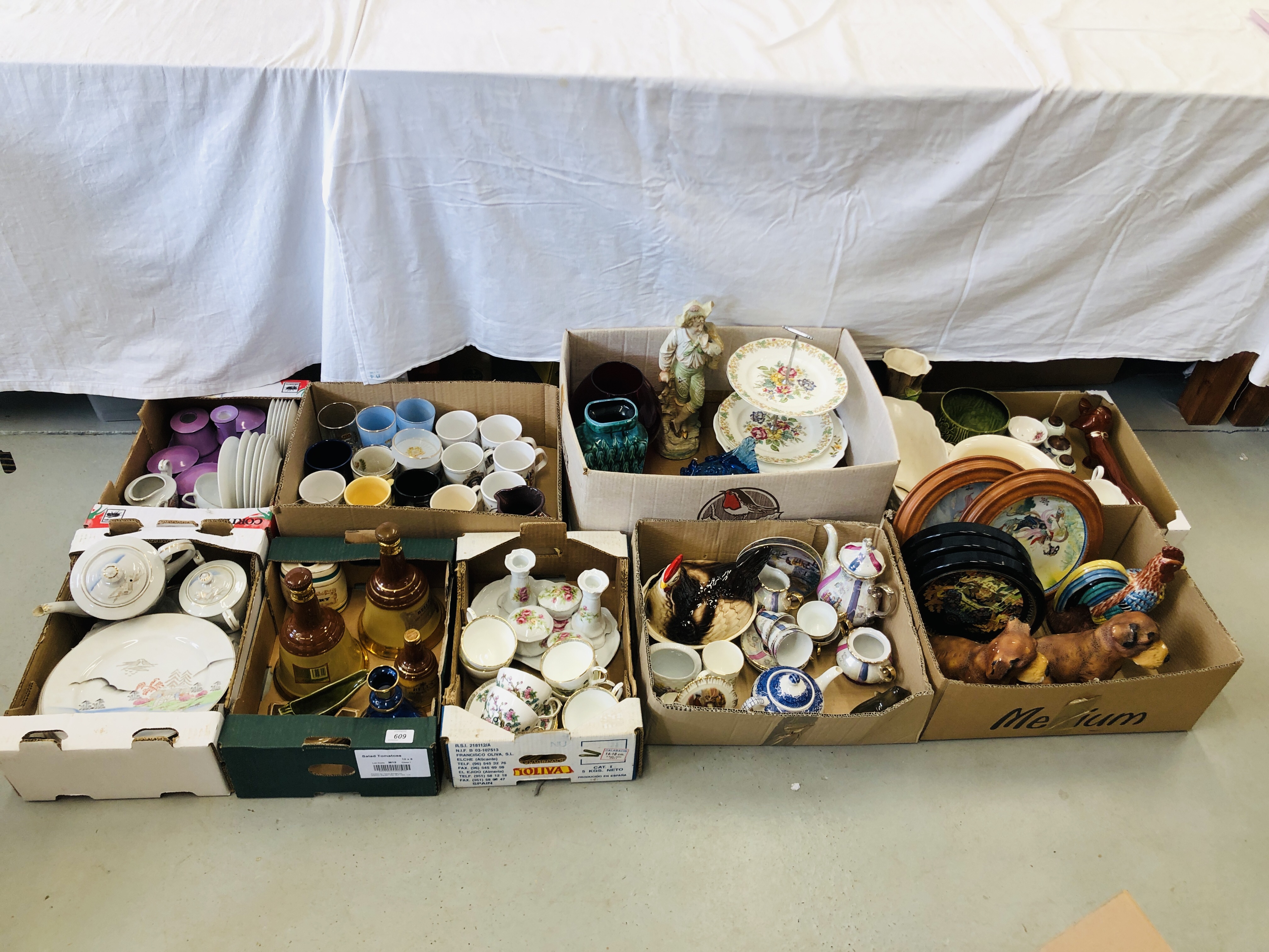 9 X BOXES OF ASSORTED CHINA TO INCLUDE ORIENTAL EGG SHELL TEA WARE, DRESSING TABLE SETS,