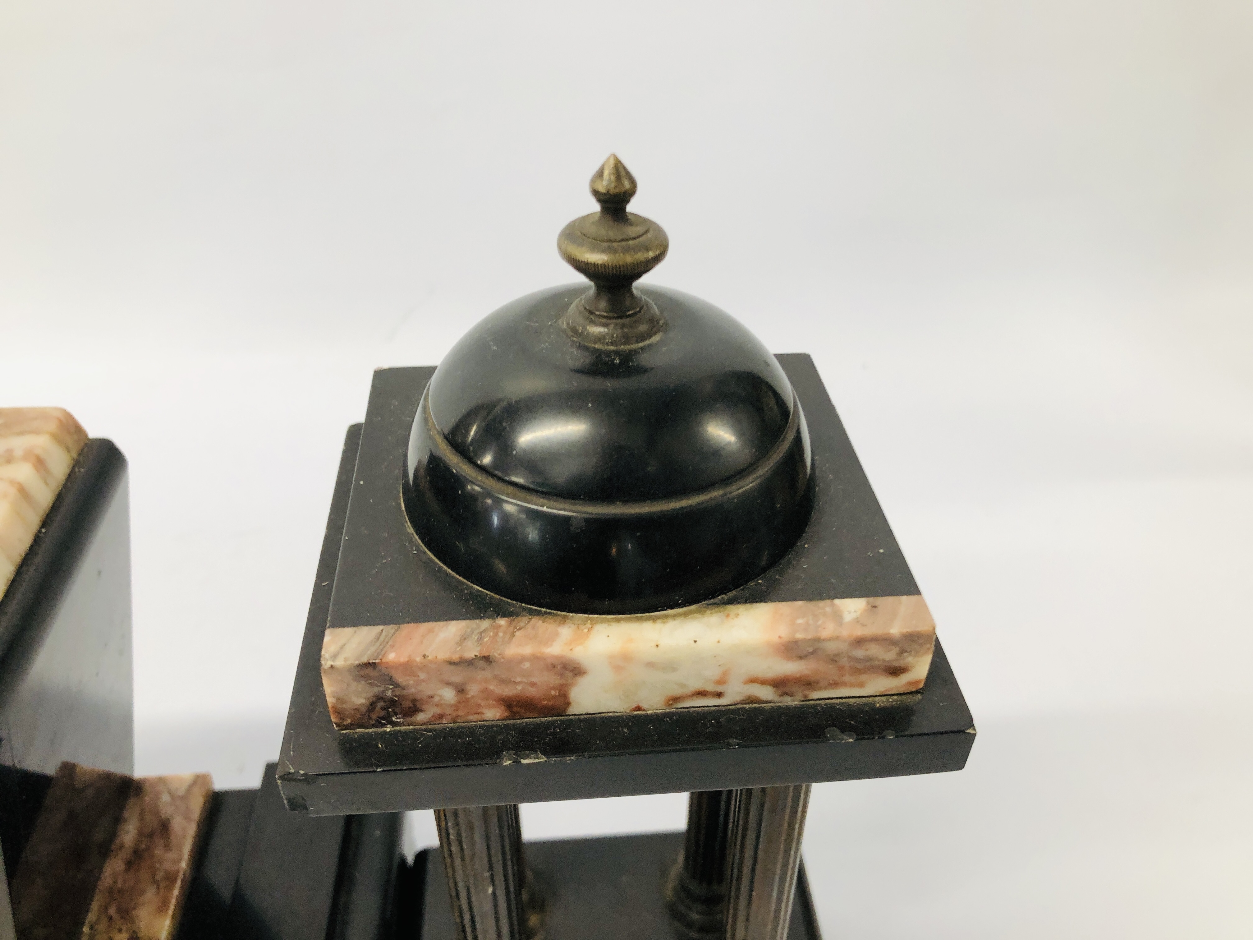 VINTAGE SLATE AND MARBLE MANTEL CLOCK AND GARNITURES MARKED F.H.T. - Image 9 of 12
