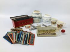 VINTAGE TIN OF COLOURED SLIDES, SHIP IN BOTTLE, MODEL AIRCRAFT, MATCHBOX HOLDER,