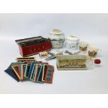 VINTAGE TIN OF COLOURED SLIDES, SHIP IN BOTTLE, MODEL AIRCRAFT, MATCHBOX HOLDER,