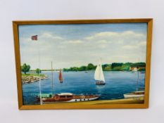 FRAMED OIL ON BOARD "BROADLAND RIVER SCENE" BEARING SIGNATURE W. HORNE.