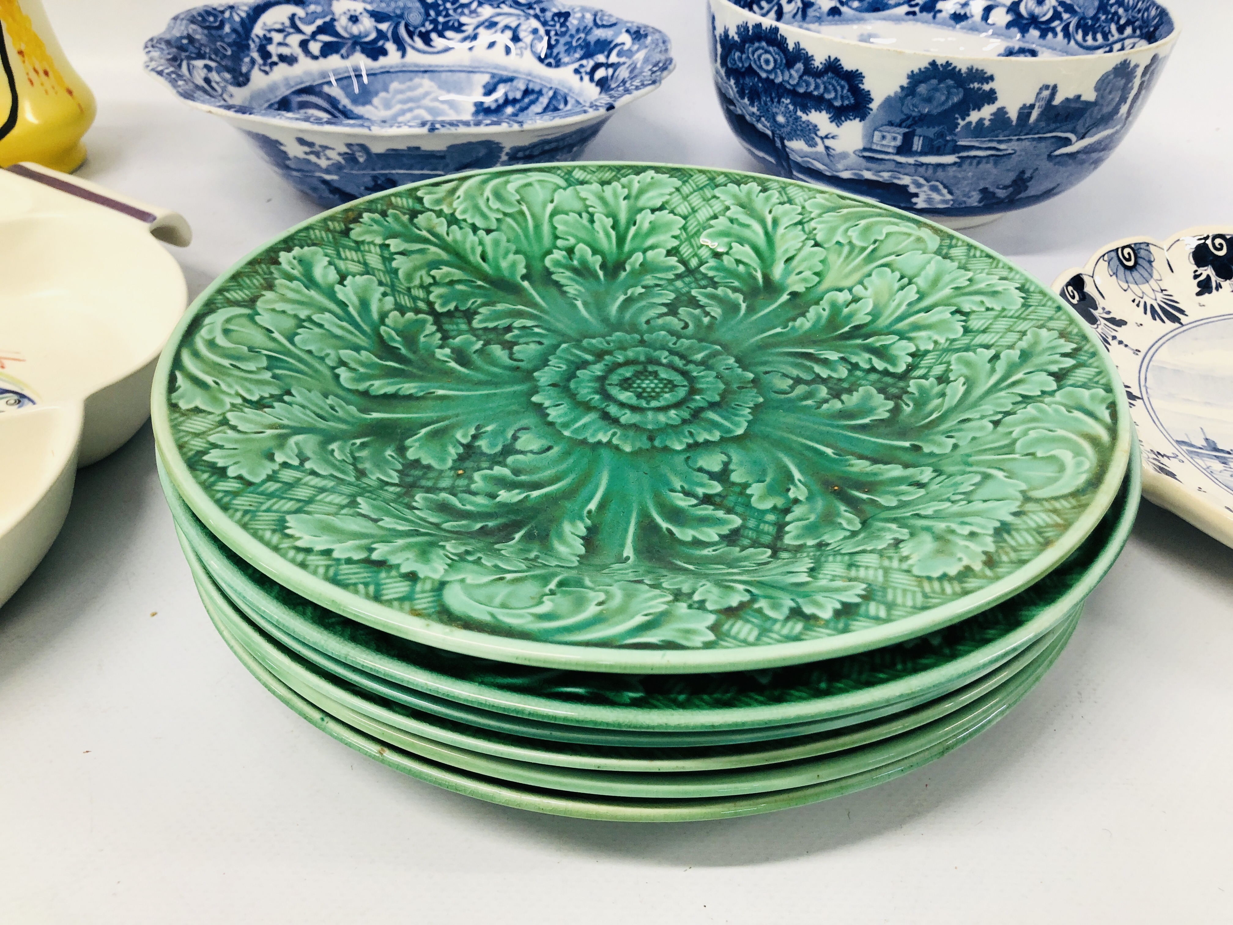 POOLE POTTERY SEAFOOD PATTERN ENTREE DISH, 5 WEDGWOOD MAJOLICA STYLE LEAF DECORATED PLATES, - Image 2 of 17