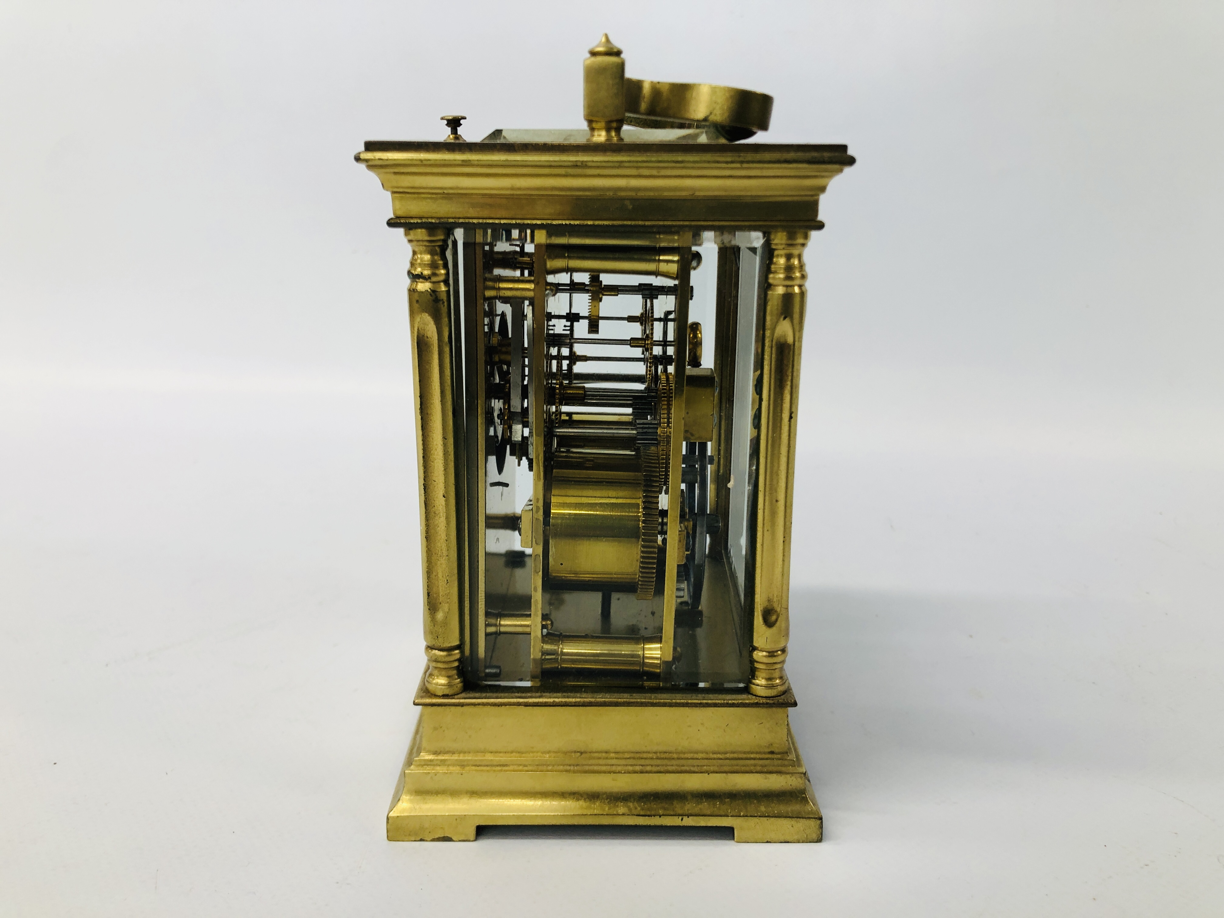 ANTIQUE BRASS CARRIDGE CLOCK WITH ENAMELLED FACE (REQUIRES ATTENTION TO THE REAR GLASS) H 14CM. - Image 4 of 9