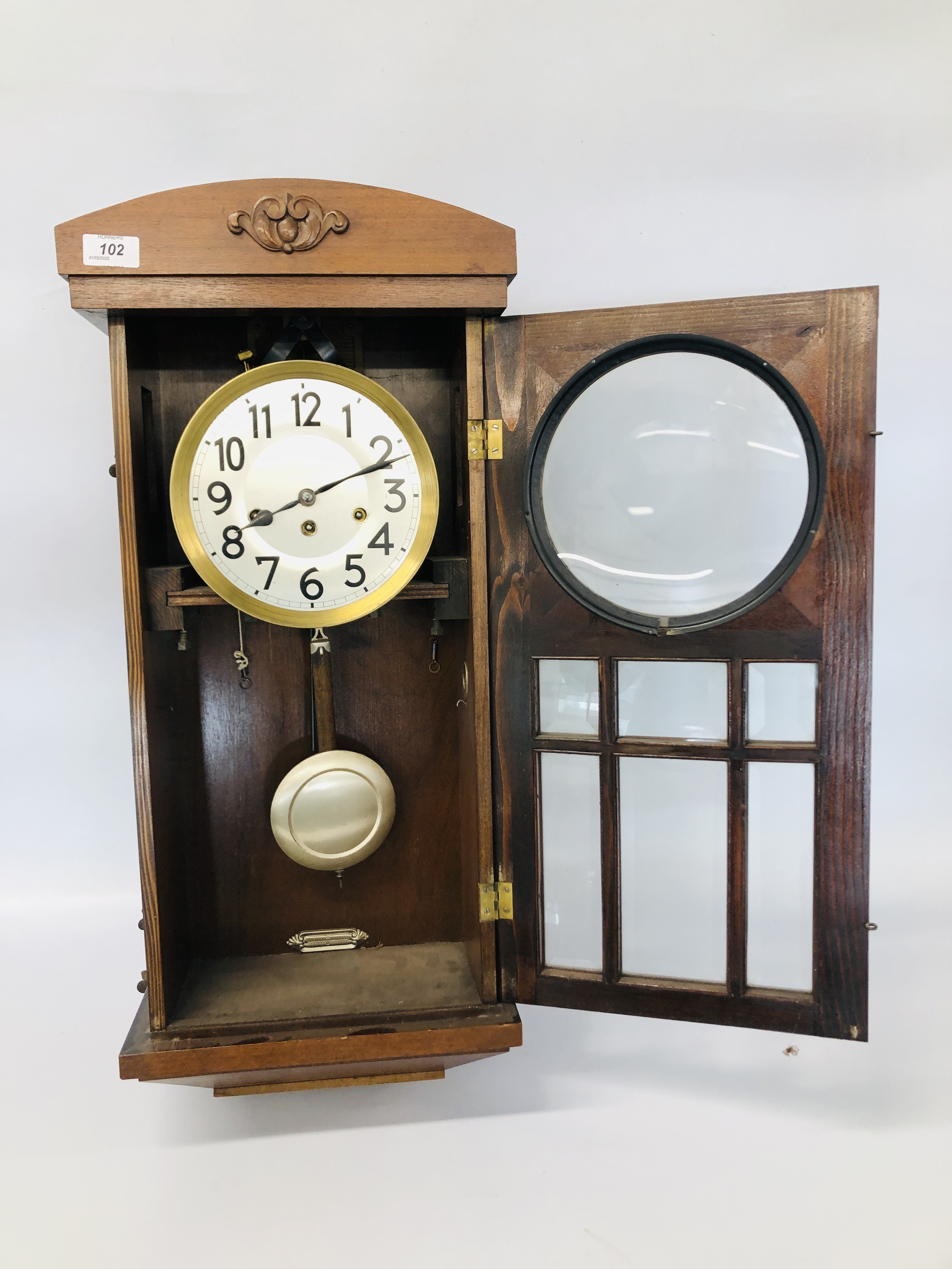 A REGULATOR STYLE WESTMINSTER CHIMING MAHOGANY CASED WALL CLOCK W 33CM, H 72CM.