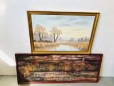 FRAMED OIL ON BOARD "AUTUM ON THE CHET NEAR LODDON" BEARING SIGNATURE M. PARKER 49.5 X 75CM.