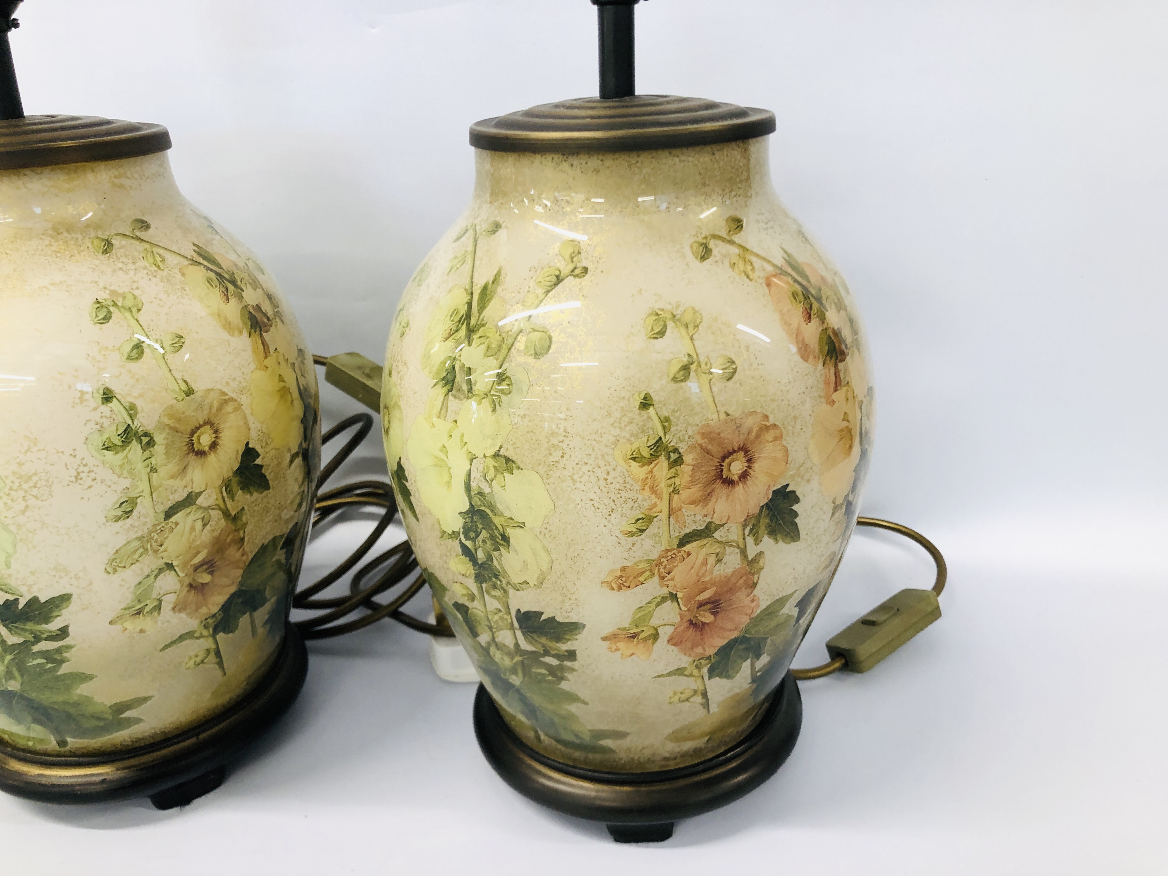 PAIR OF DESIGNER GLASS FLORAL PATTERN LAMP BASES + ONE OTHER H 28CM - SOLD AS SEEN. - Image 2 of 5