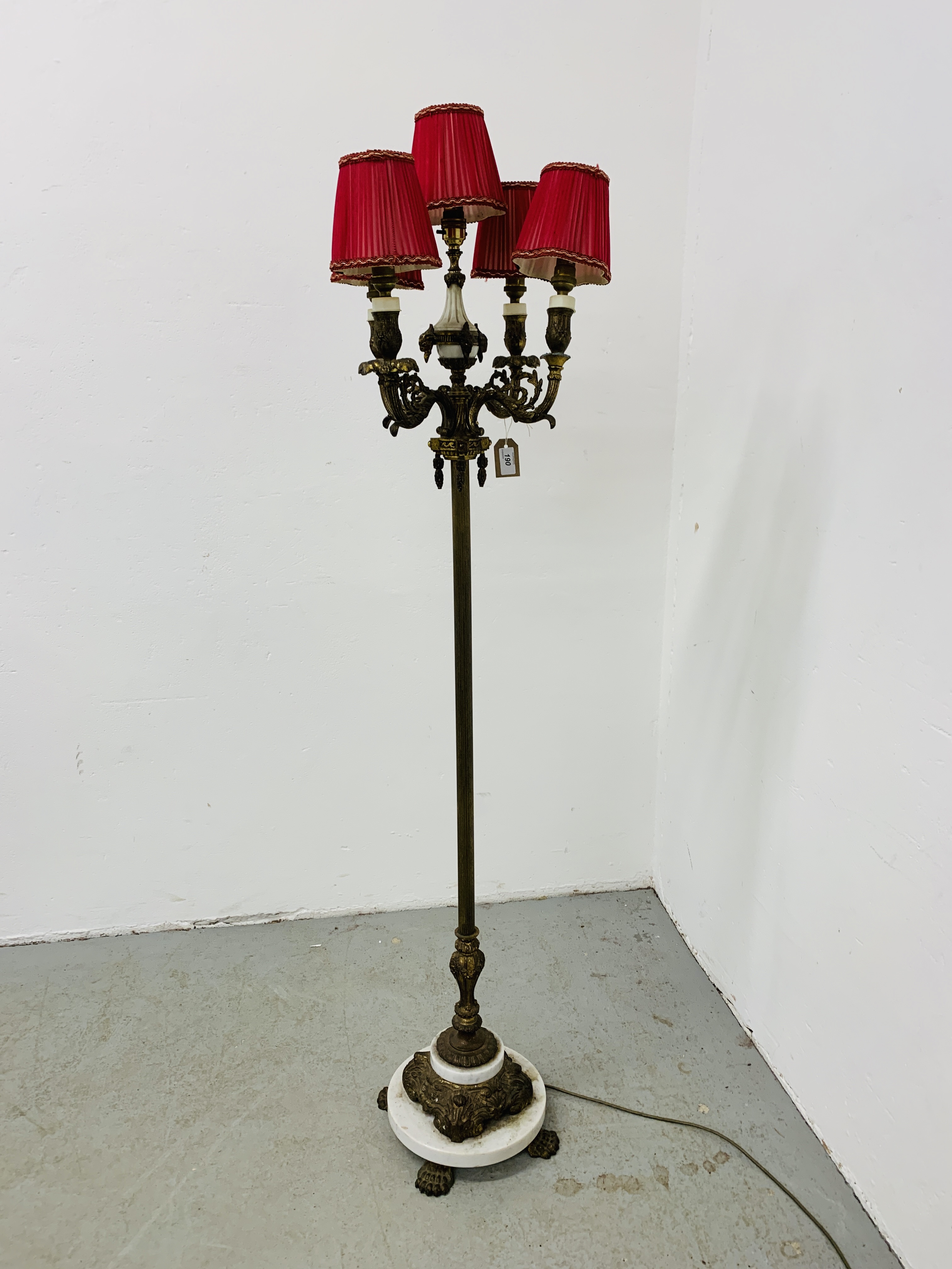 A CORINTHIAN COLUMN FLOOR STANDING FIVE BRANCH LAMP STANDARD THE BASE WITH MARBLE PLATFORM AND CLAW