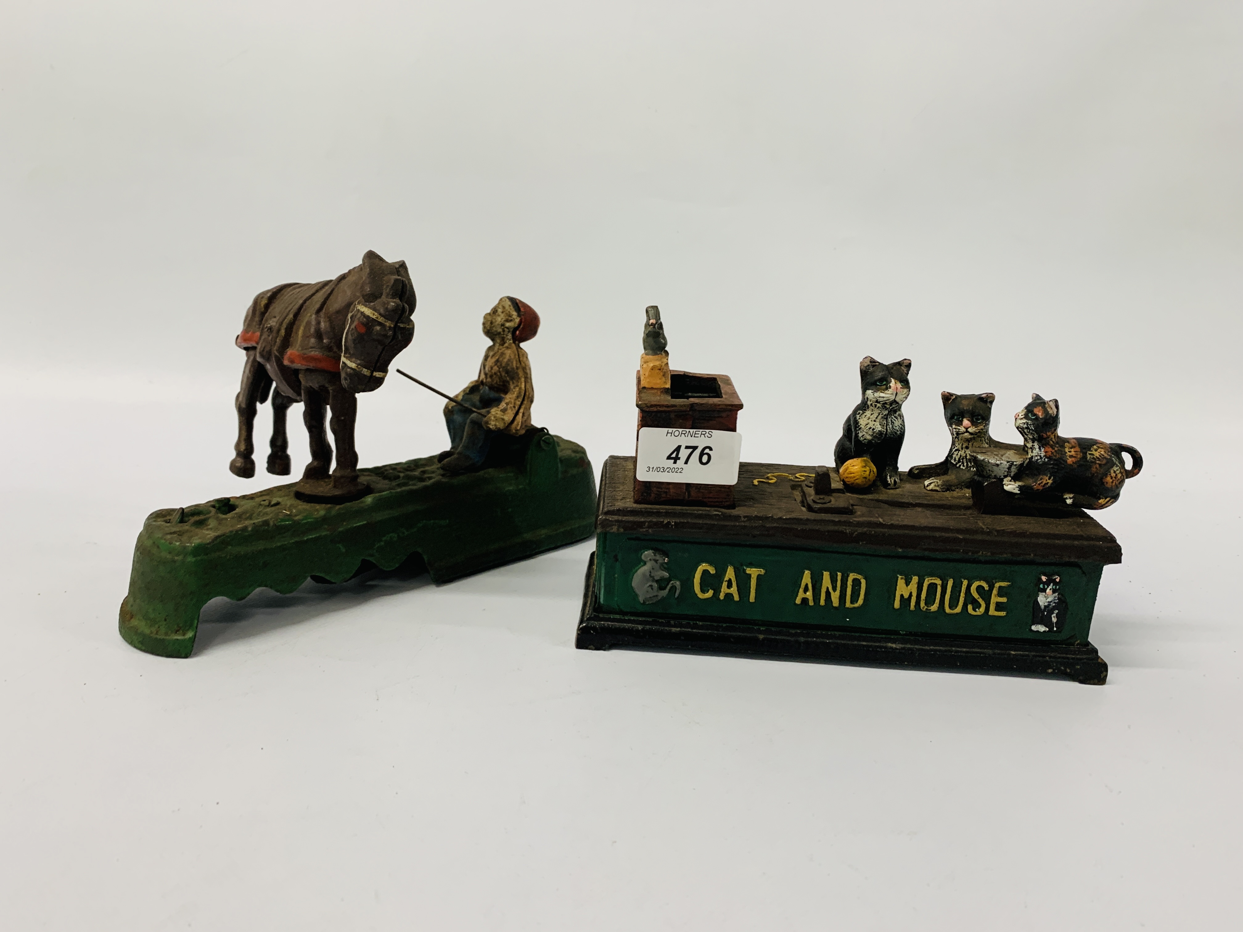 TWO REPRODUCTION CAST METAL MONEY BANKS CAT AND MOUSE,