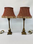 PAIR OF CLASSICAL ANTIQUE EFFECT TABLE LAMPS WITH RED STRIPED FRINGED SHADES HEIGHT 77CM.