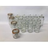 COLLECTION OF 16 CLEAR GLASS STORAGE JARS.