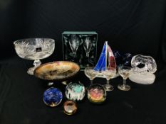 COLLECTION OF ART GLASS PAPERWEIGHTS, STAIN GLASS SAILING BOAT,