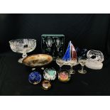 COLLECTION OF ART GLASS PAPERWEIGHTS, STAIN GLASS SAILING BOAT,