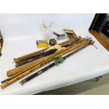 COLLECTION OF 5 X VINTAGE FISHING RODS + BOX OF ASSORTED VINTAGE FISHING REELS AND ACCESSORIES,