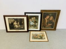 A GROUP OF FOUR FRAMED SENTIMENTAL PRINTS TO INCLUDE "ADVERSE WINDS" ARTHUR J. ELSLEY 48 X 34CM.