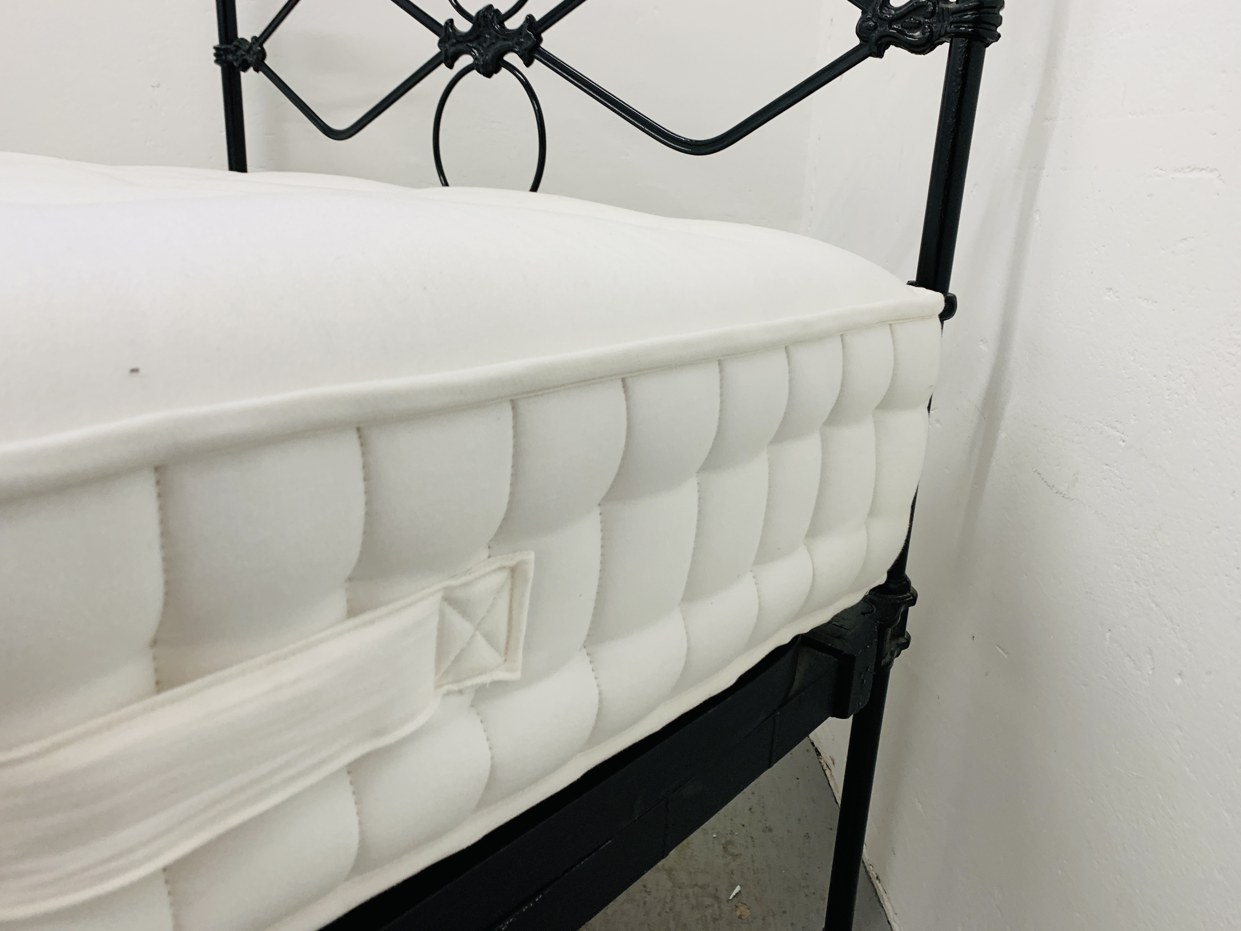 A VICTORIAN STYLE SINGLE IRON FRAMED BEDSTEAD WITH JOHN LEWIS LUXURY MATTRESS. - Image 13 of 16