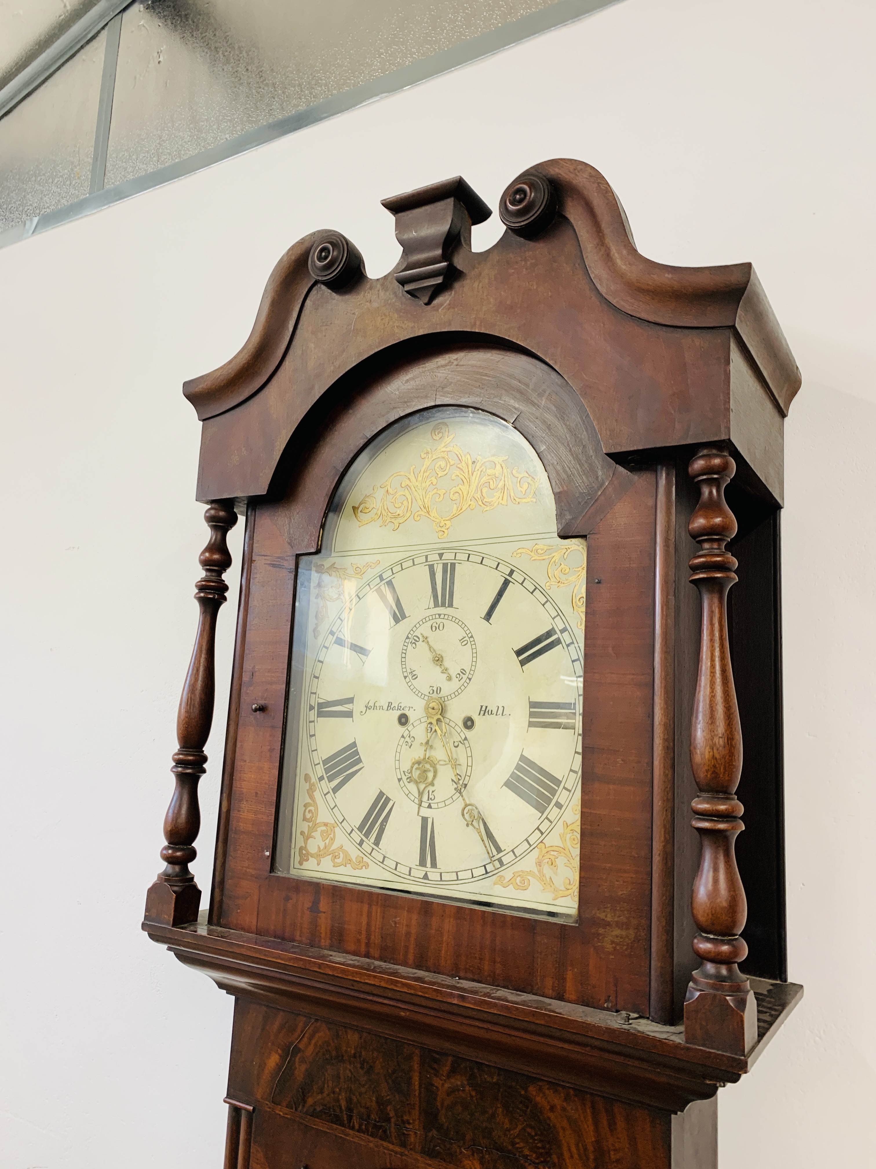 AN ANTIQUE MAHOGANY LONG CASE CLOCK THE HAND PAINTED ARCHED DIAL WITH ROMAN NUMERALS, - Image 2 of 15