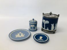 VINTAGE WEDGWOOD COBALT BLUE JASPER AND SILVER PLATE BISCUIT BARREL HEIGHT 15.5CM.