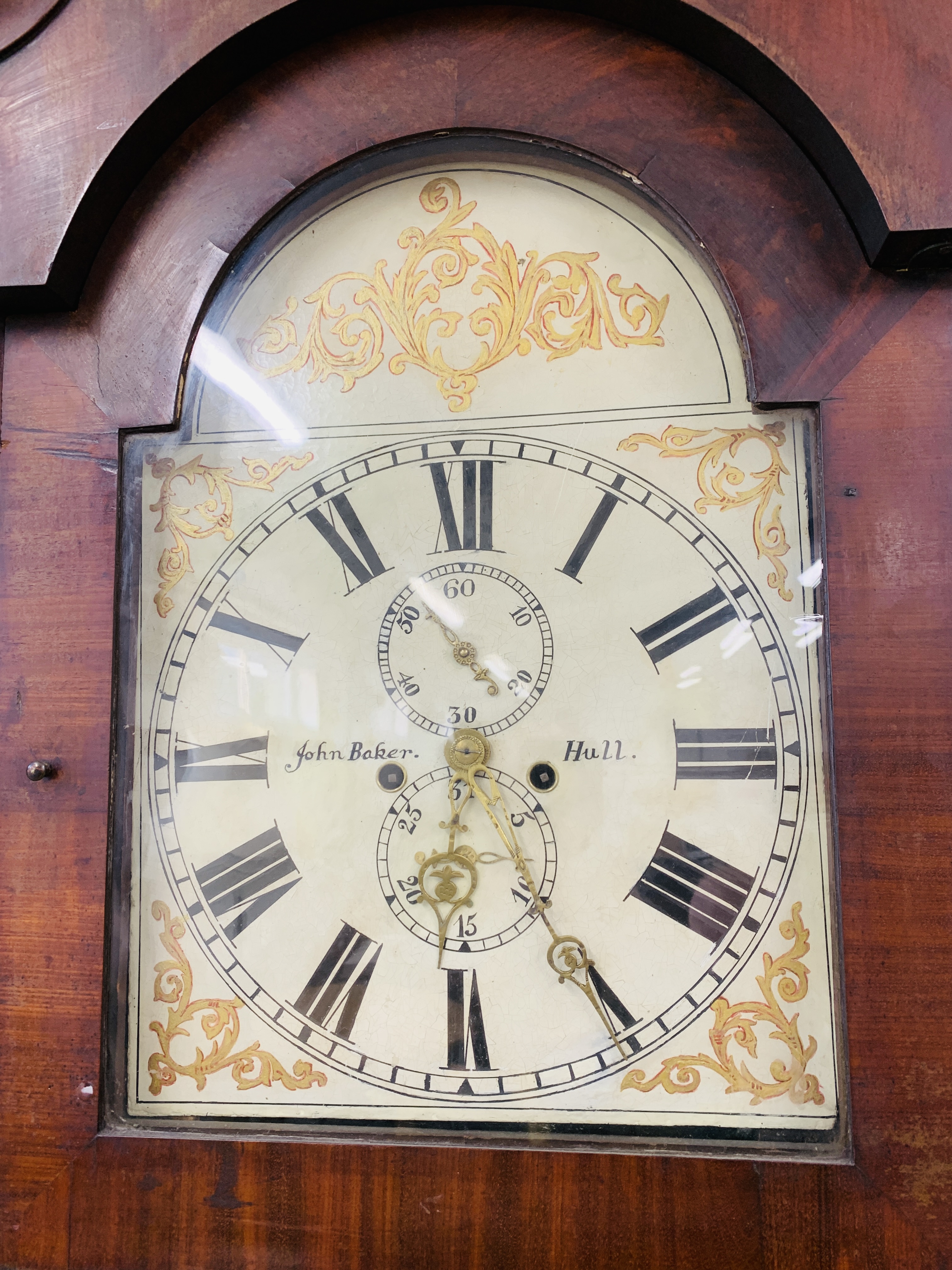 AN ANTIQUE MAHOGANY LONG CASE CLOCK THE HAND PAINTED ARCHED DIAL WITH ROMAN NUMERALS, - Image 3 of 15