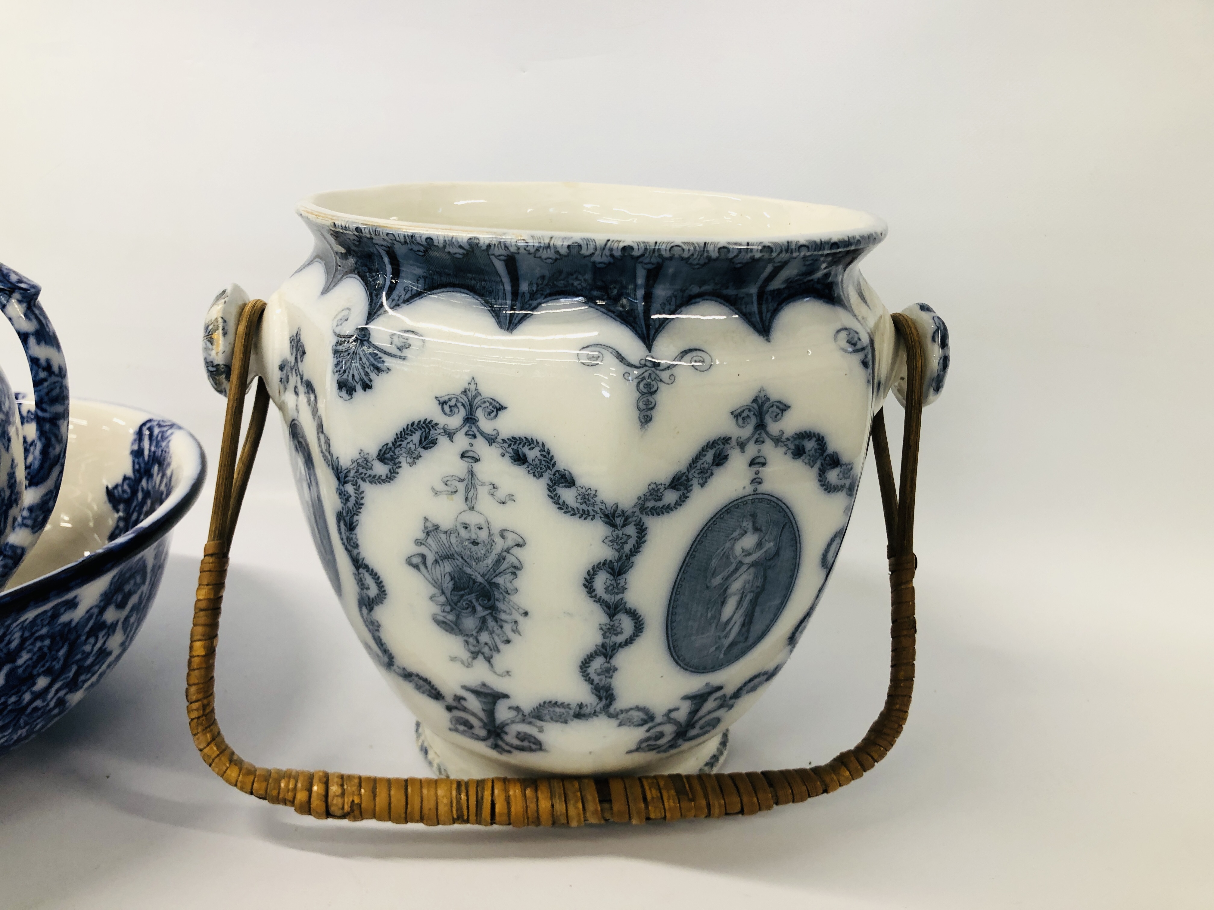 LOSOL WARE "CAVENDISH" BLUE AND WHITE ROSE DECORATED WASH JUG AND BOWL ALONG WITH A "BOOTHS" - Image 4 of 11