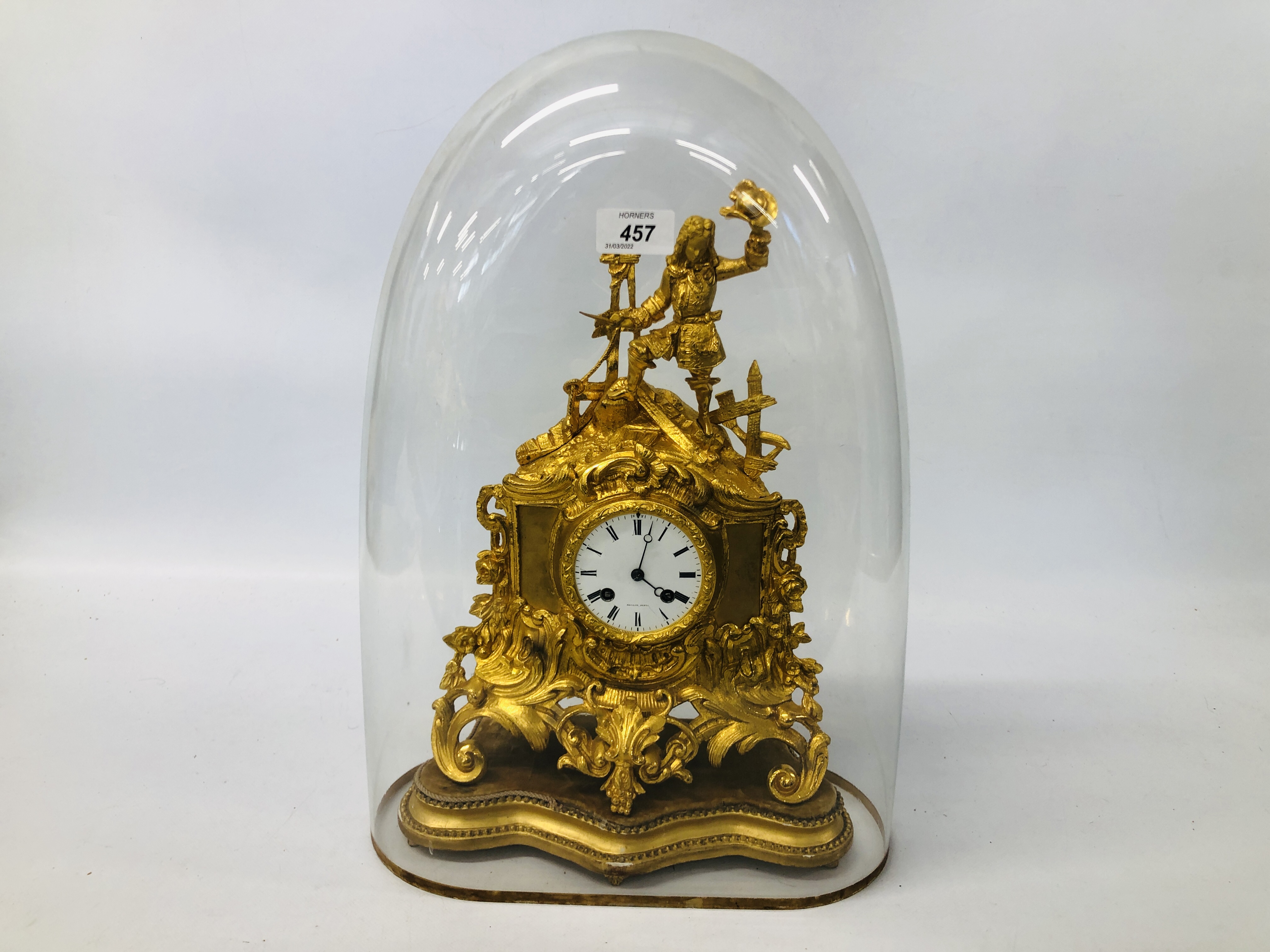 C19TH FRENCH ORMOLU CLOCK MARKED "ROLLIN" PARIS WITH GLASS DOME