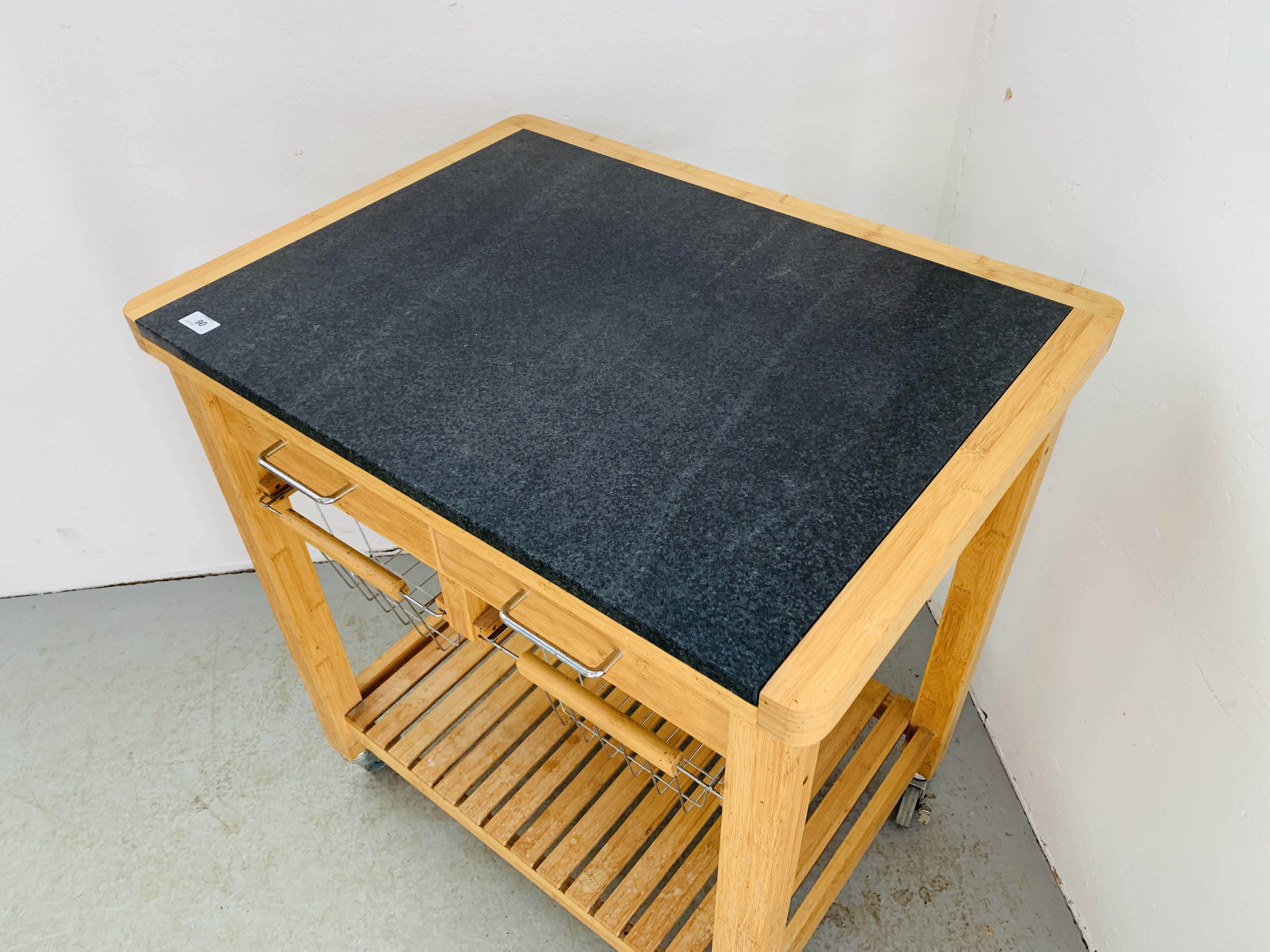 A TWO DRAWER KITCHEN WORKSTATION WITH SOLID GRANITE PREPARATION TOP, WHEELED. - Image 3 of 11